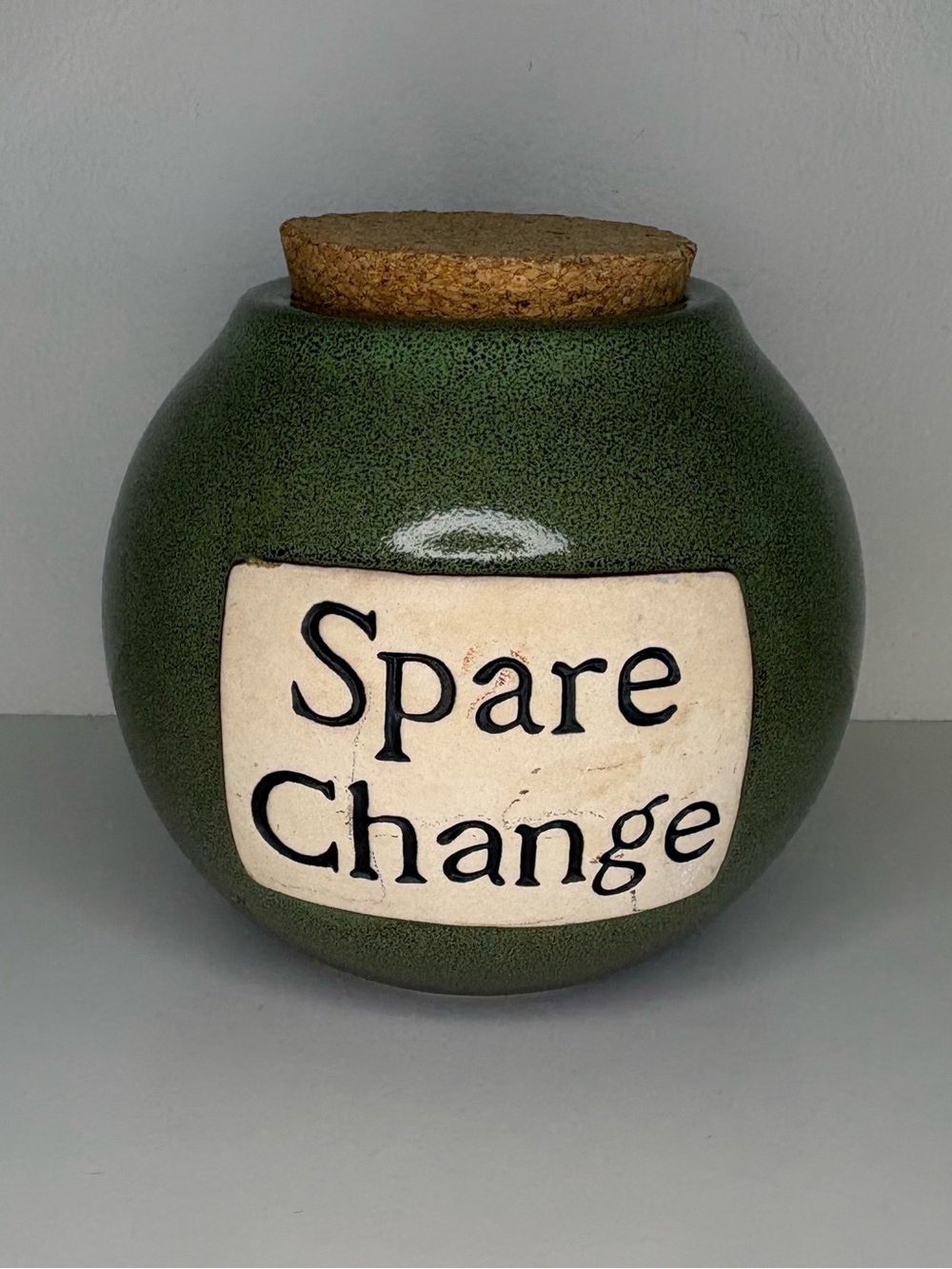 Spare Change Ceramic Jar in Green with Cork Lid